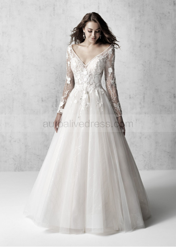 Long Sheer Sleeve Beaded Ivory Sequined Tulle Lace Wedding Dress